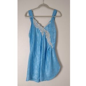 Vintage Victoria's Secret Blue Paisley Floral Satin Lace Trim Slip Nightgown